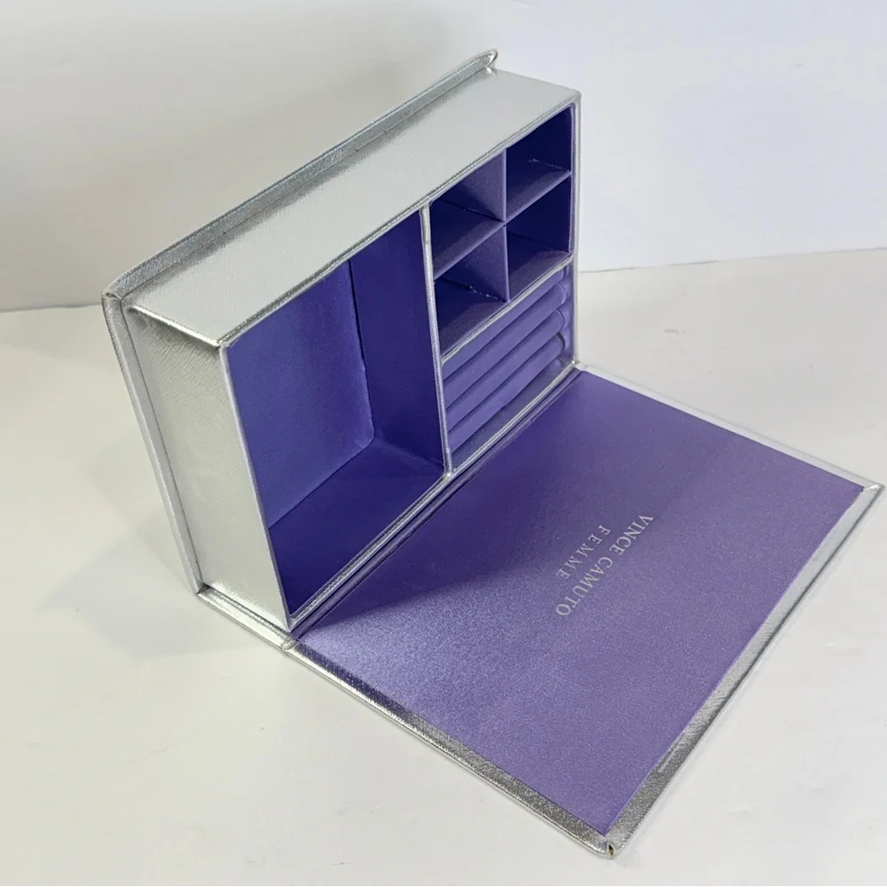 🆕 Vince Camuto Jewelry Box Silver Metallic Purple Satin Organizer Case